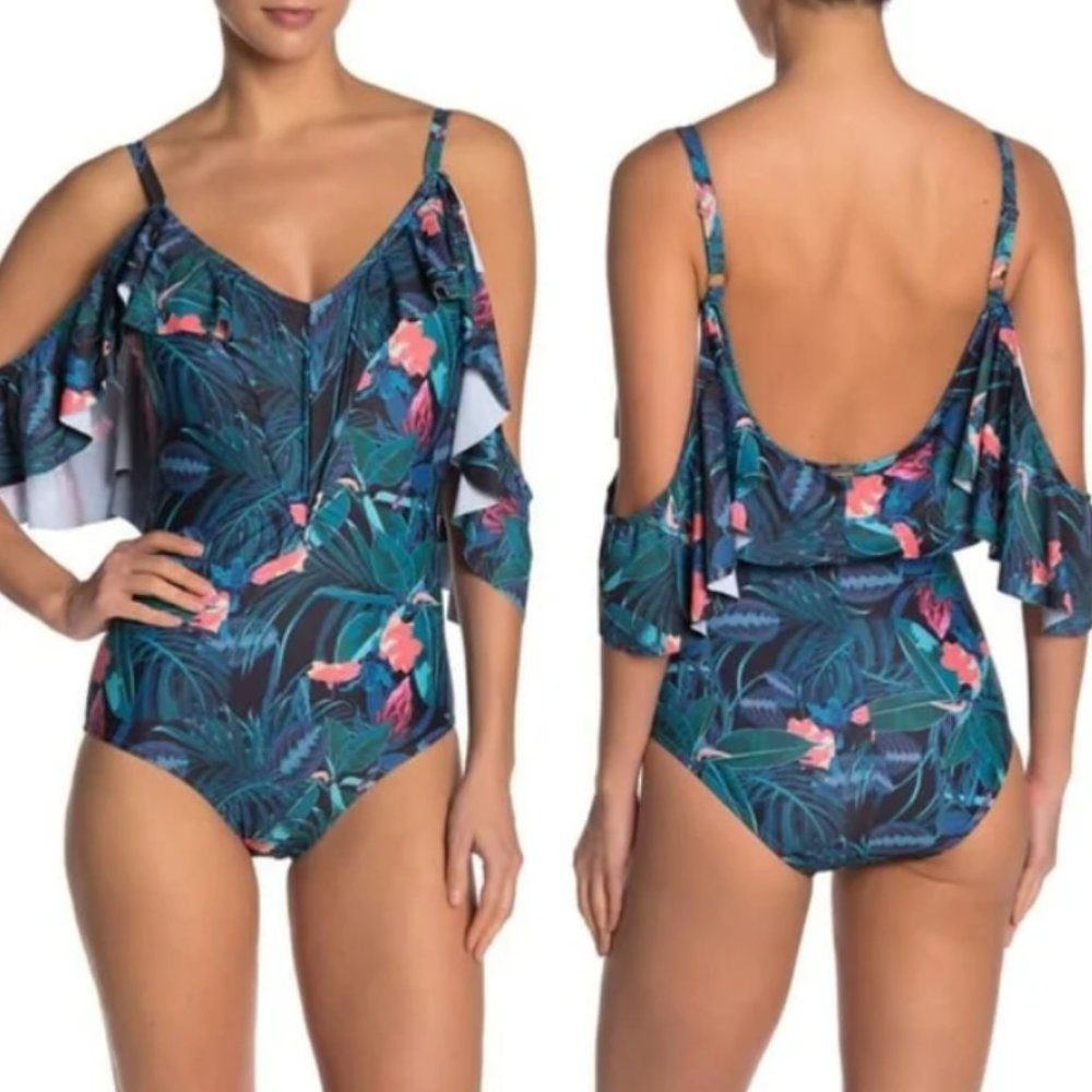 Nicole Miller Into the Jungle Ruffle One-piece Swimsuit NEW